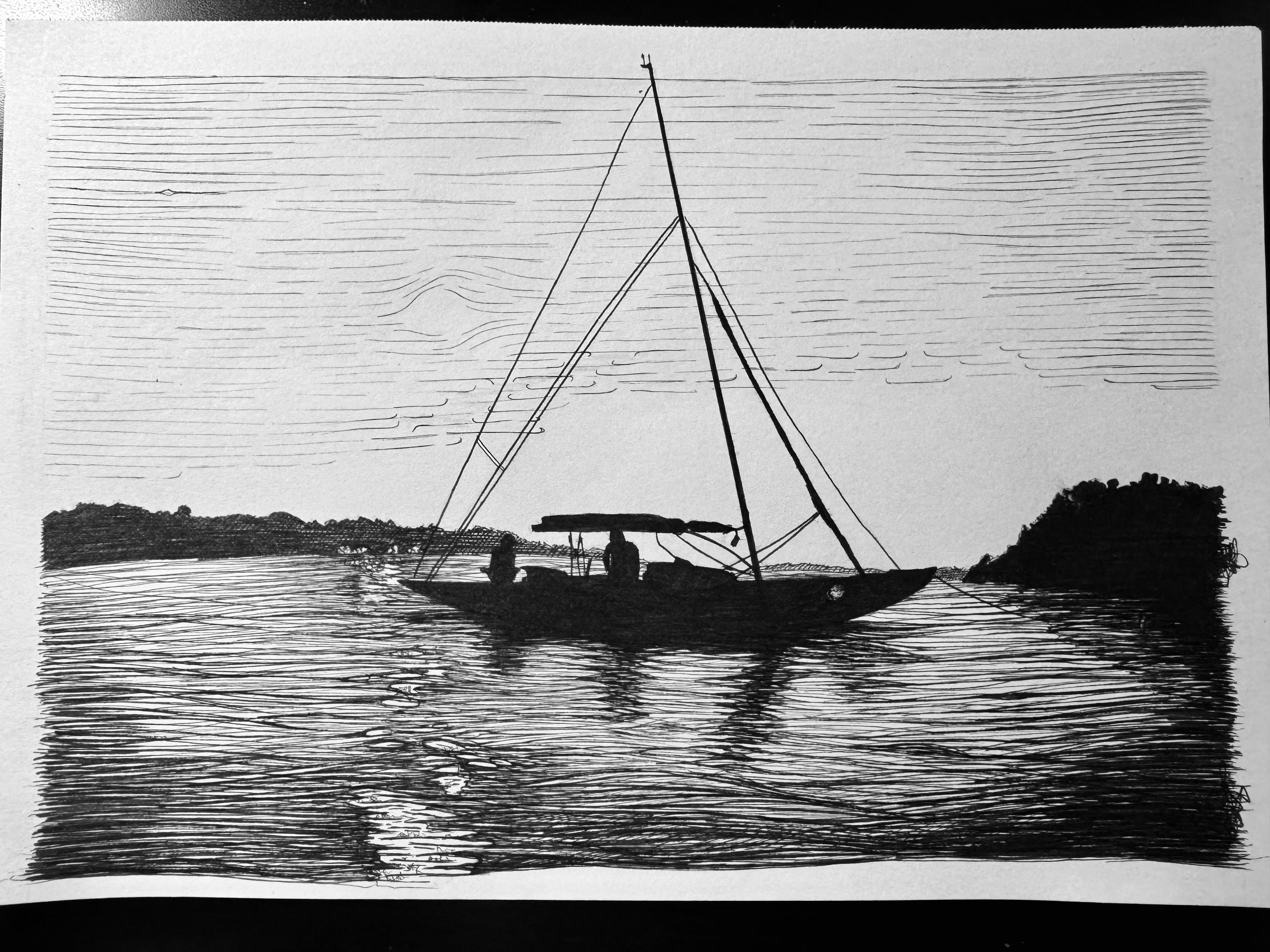 Segelboot im Abendlicht | Fine-Line-Auftragszeichnung