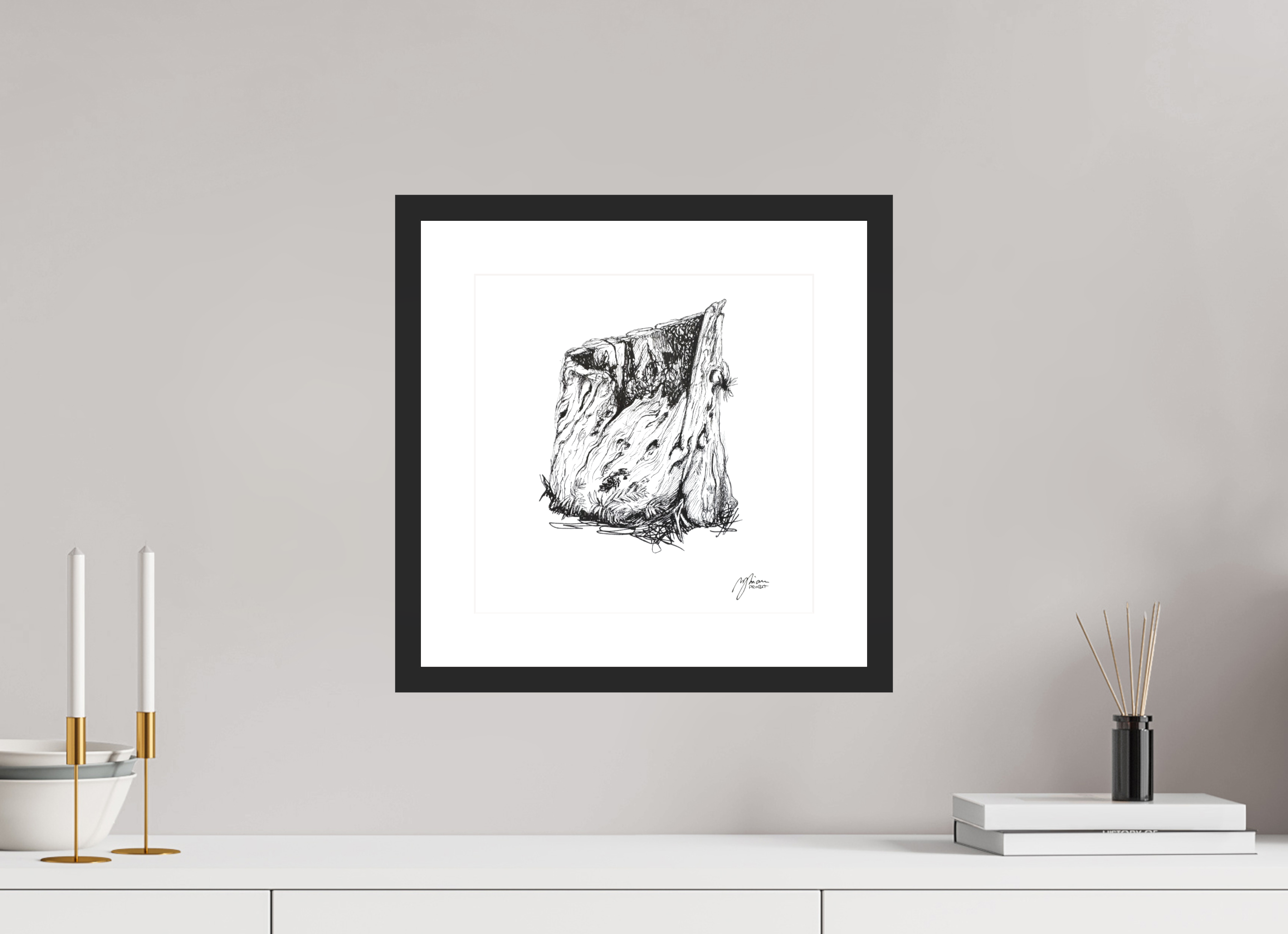 30 x 30 cm, Gerahmt schwarz matt weiß Passepartout neutral Still Woods „Rooted Silence - Verwurzelte Stille“ 4x4 | Fine‑Art‑Print