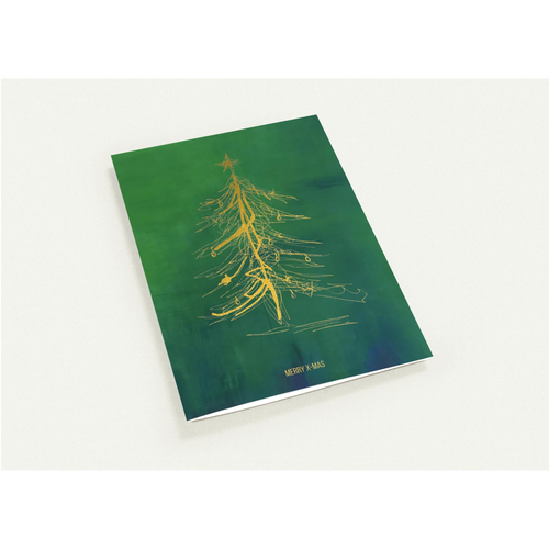 Weihnachtskarte Merry Xmas mit Weihnachtsbaum-Skizze in Grün und Goldfolie von Myriam Probst