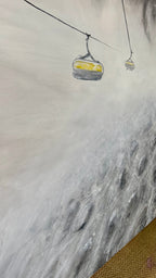 Detailaufnahme Acrylgemälde Planai Nr. 10 rot, freier Pinselauftrag in Grau- und Weißtönen mit gelbem Farbakzent