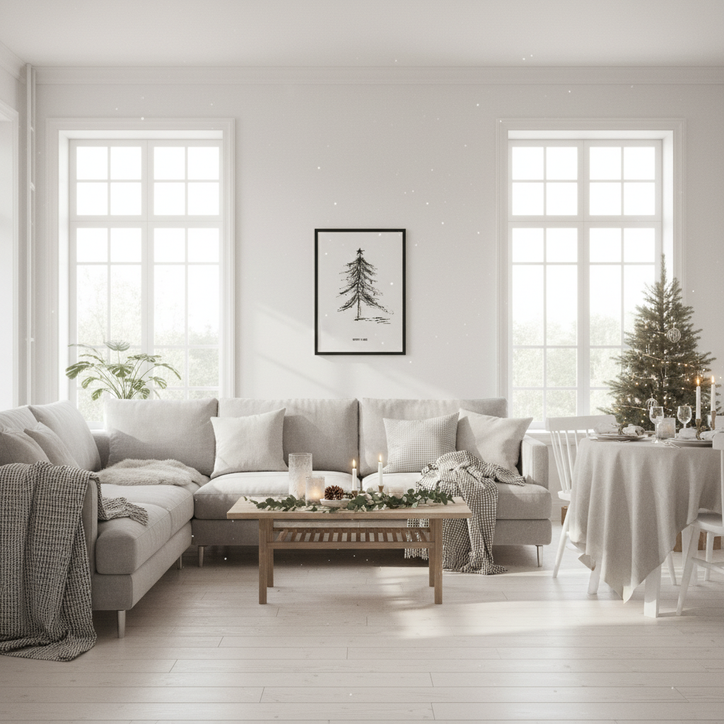 Minimalistischer Weihnachtsbaum als gerahmtes Poster im weihnachtlich dekorierten Wohnzimmer