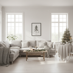 Minimalistischer Weihnachtsbaum als gerahmtes Poster im weihnachtlich dekorierten Wohnzimmer