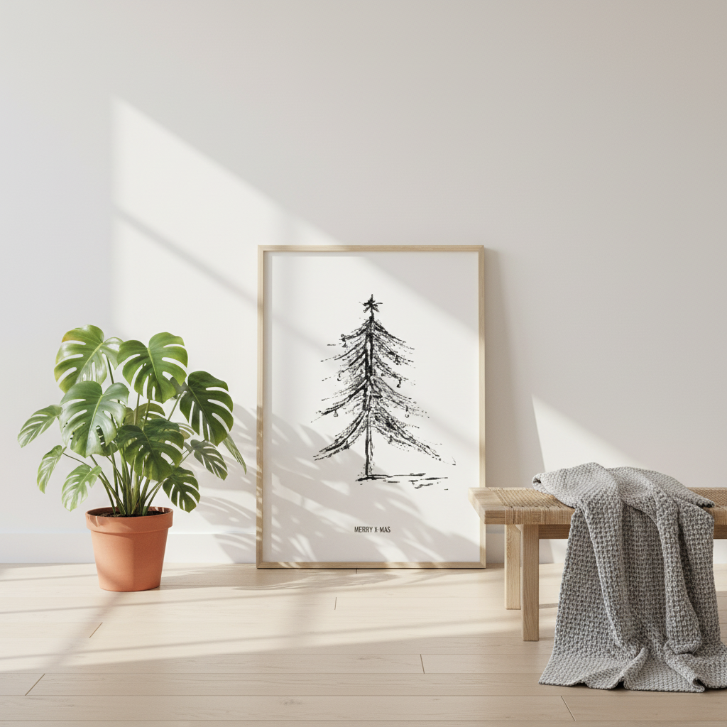 Minimalistischer Weihnachtsbaum als gerahmtes Poster in einem hellen Wohnraum mit Pflanze