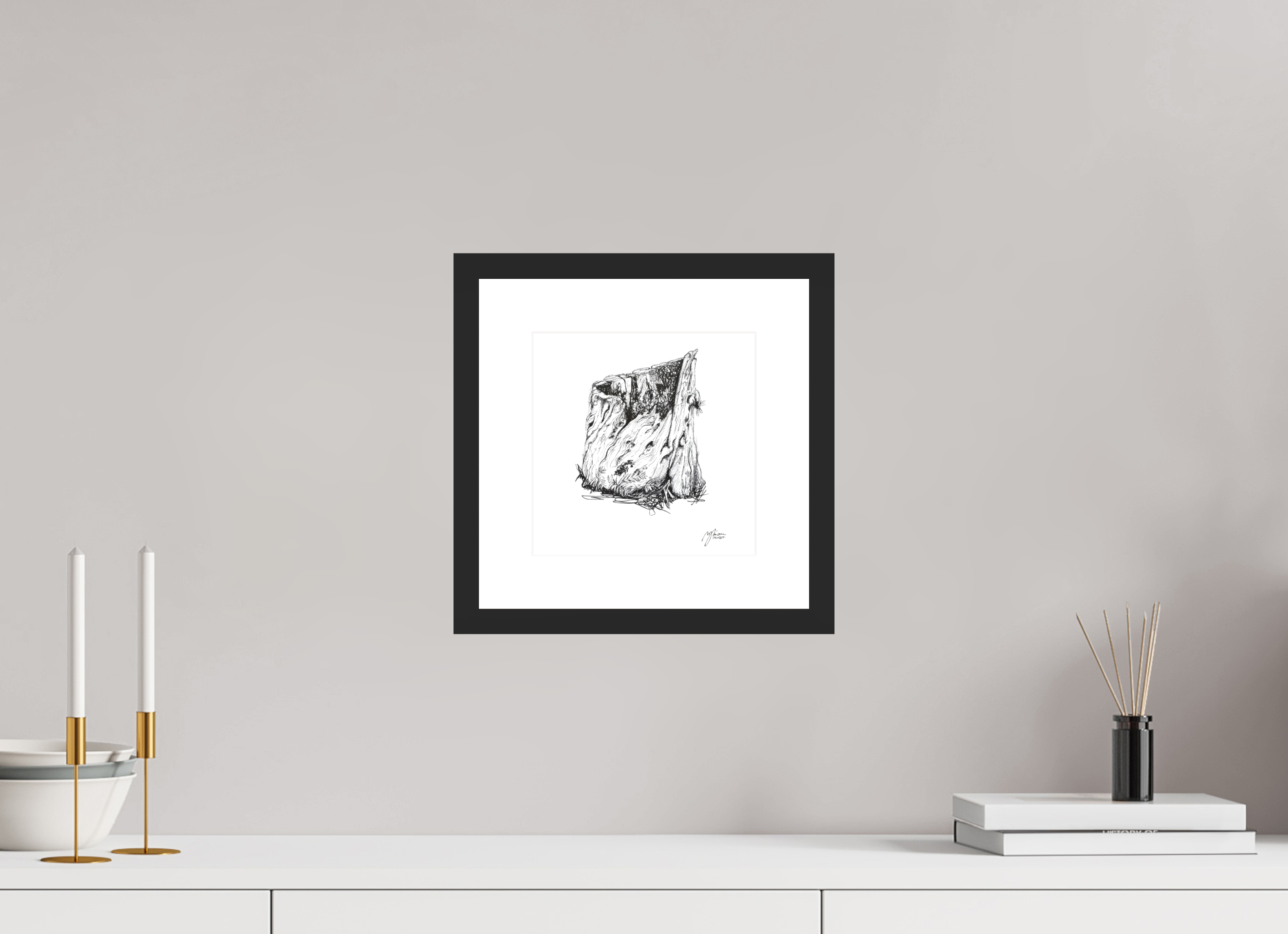 20 x 20 cm, Gerahmt schwarz matt weiß Passepartout neutral Still Woods „Rooted Silence - Verwurzelte Stille“ 4x4 | Fine‑Art‑Print