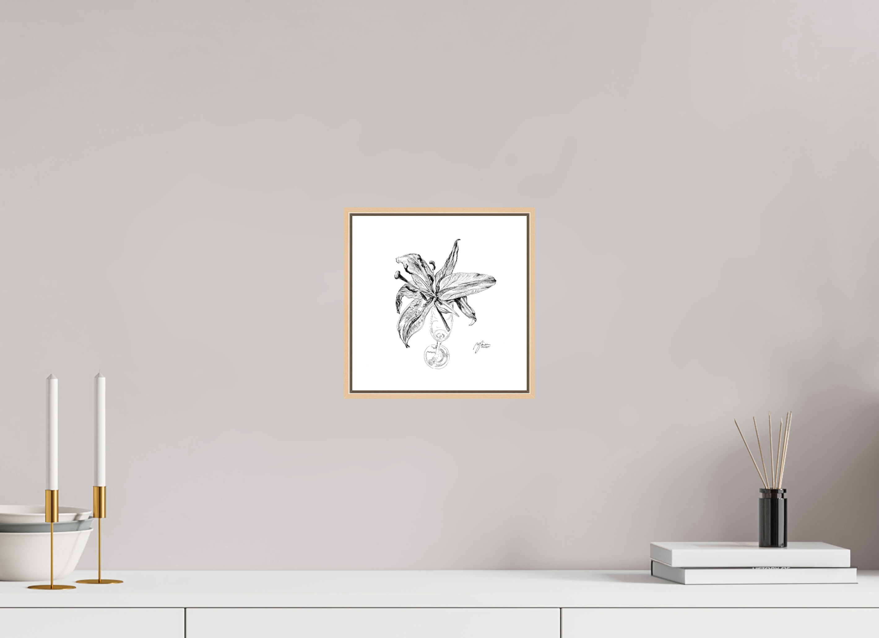 20 x 20 cm, Schattenfugen-Rahmen 6mm Ahorn Natur Lily in Lines "Lingering Lily - Verweilende Lilie" | 4x4 Fine-Art-Print