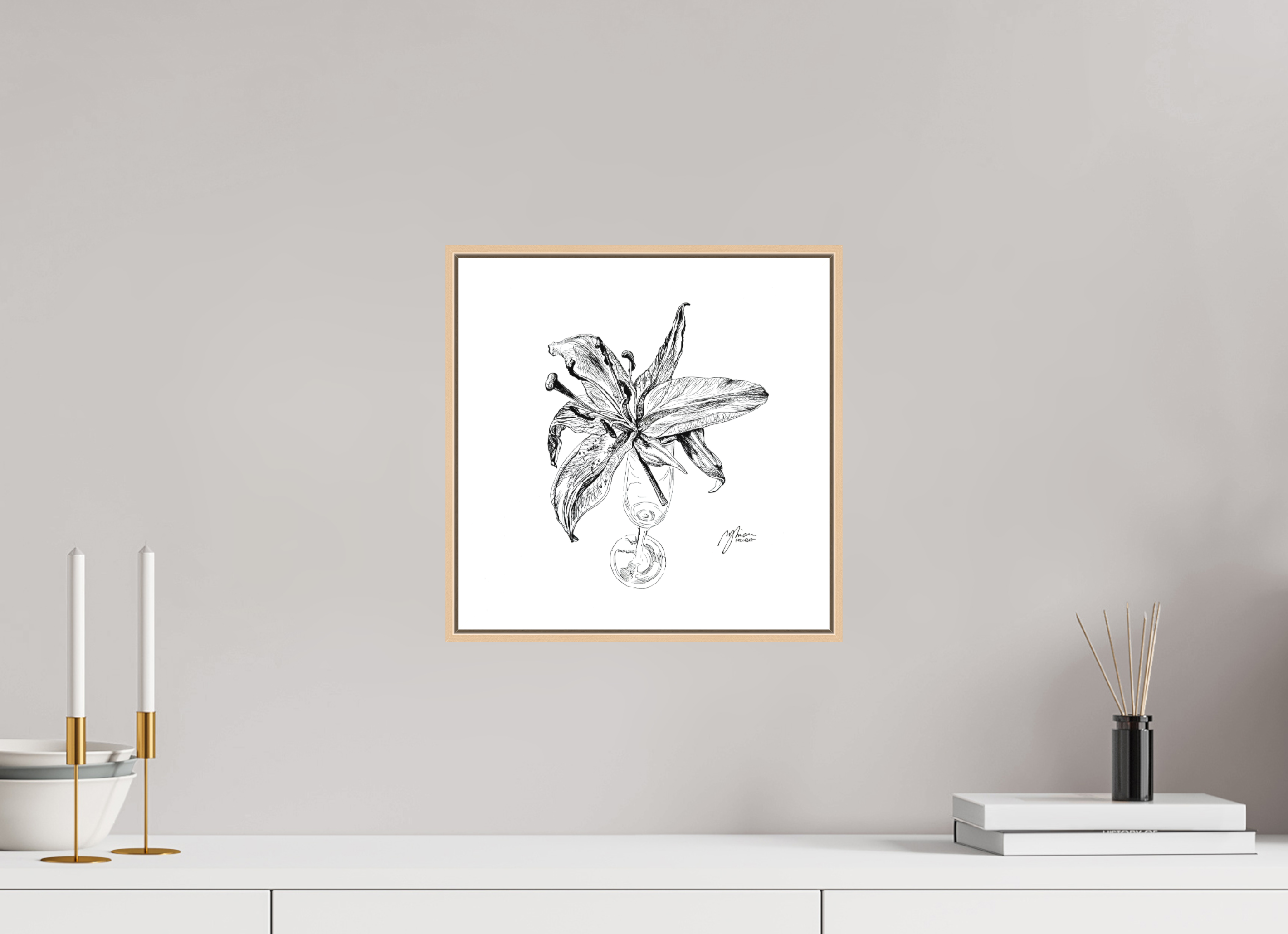30 x 30 cm, Schattenfugen-Rahmen 6mm Ahorn Natur Lily in Lines "Lingering Lily - Verweilende Lilie" | 4x4 Fine-Art-Print