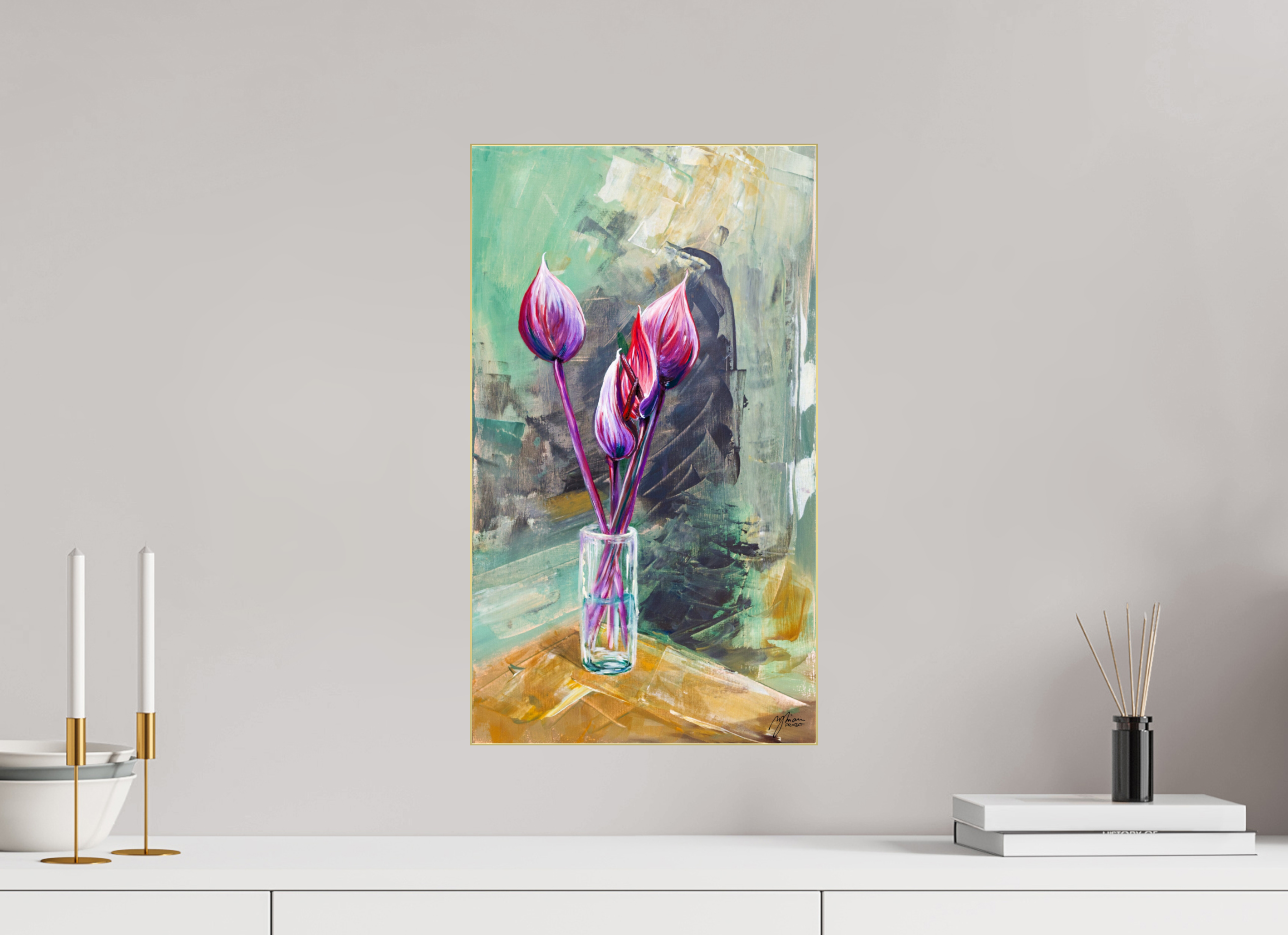 Anthurie Fine Art Print Acrylglas Slimline Goldrahmen wandfertig Myriam Probst Art Köln