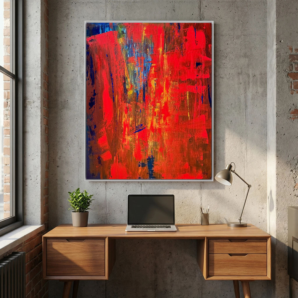 Visualisierung: rotes Leinwandbild Feuerlauf an einer Betonwand im Arbeitszimmer