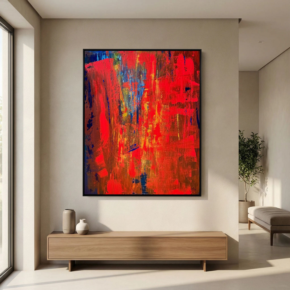 Visualisierung: rotes Leinwandbild Feuerlauf über einem Sideboard aus Holz