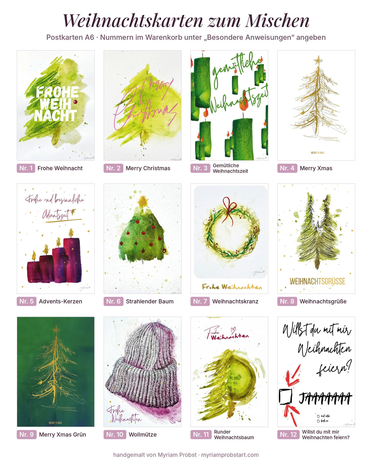 Übersicht Weihnachtskarten zum Mischen, Grußkarten A6 Nr. 1 bis 12, handgemalt von Myriam Probst
